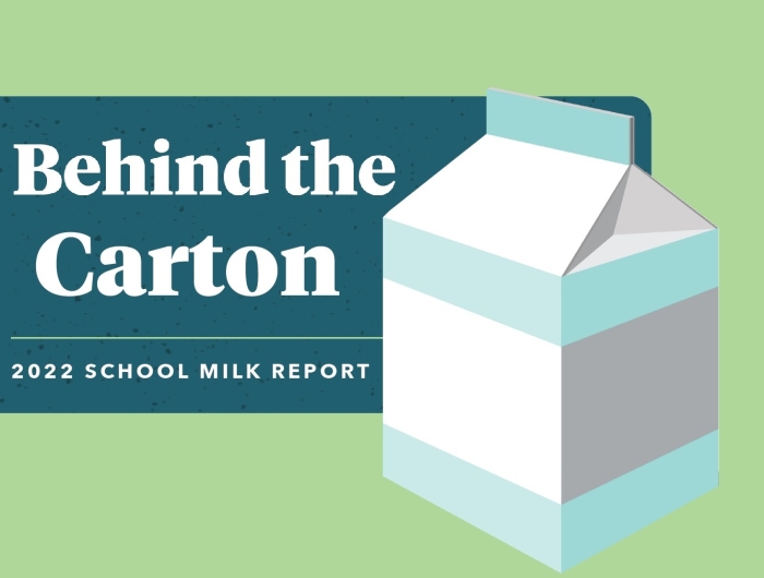 Milk carton with "Behind the Carton: 2022 School Milk Report" text